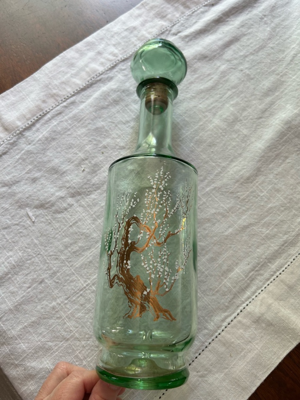 Green Glass Decanter- gold cherry tree with white blossoms -